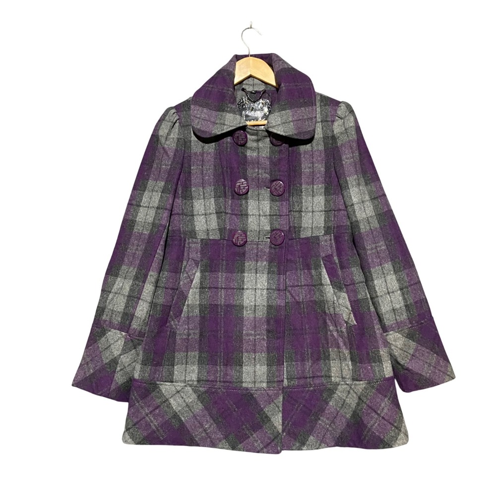Guess Womens Y2K Purple Plaid Wool Blend Double Breasted Peacoat Jacket Size M